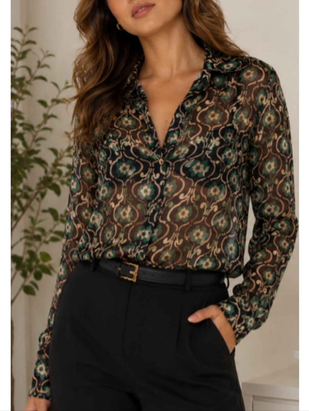 Zara Black and Green Floral-Geometric Sheer Button-Down Top Sz L